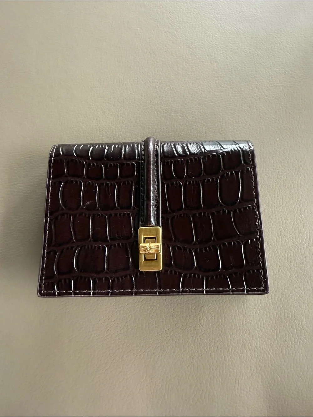 Classic Croc-Embossed Leather Wallet in Dark Brown with Gold Hardware